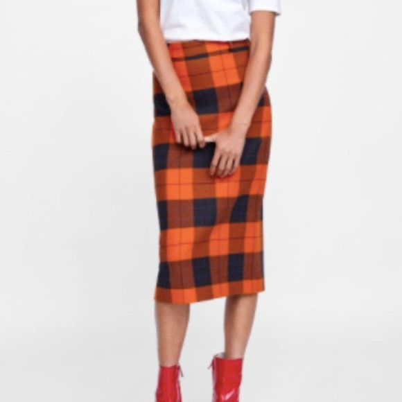 ZARA orange plaid pencil skirt